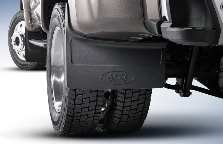 SUPER DUTY 2023-2027 SPLASH GUARDS - MOLDED, REAR (DRW) PAIR WITH FORD OVAL, BLACK, WITHOUT WHEEL LIP MOLDING ONLY