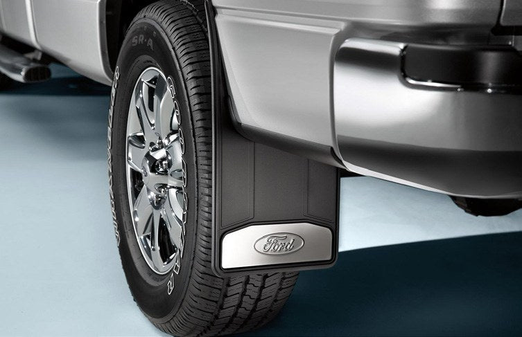 F-150 2020-2027 SPLASH GUARDS - BLACK WITH STAINLESS STEEL INSERT, REAR PAIR, WITH FORD OVAL LOGO, PREMIUM FLAT