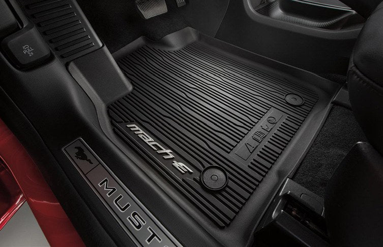 MUSTANG MACH-E 2021-2027 FLOOR LINER - ALL-WEATHER TRAY STYLE, 4-PIECE, BLACK, WITH PONY LOGO