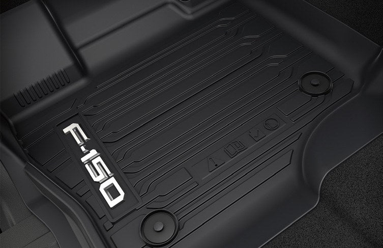 F-150 2021-2027 FLOOR LINER - TRAY STYLE, BLACK, 3-PIECE SET, FRONT WITH VEHICLE LOGO, FOR SUPERCREW WITH VINYL FLOORING