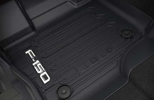 F-150 2021-2027 FLOOR LINER - TRAY STYLE, BLACK, 3-PIECE SET, FRONT WITH VEHICLE LOGO, FOR SUPERCREW WITH VINYL FLOORING