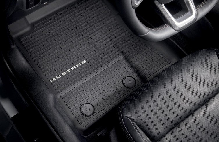MUSTANG 2024-2027 FLOOR MATS, ALL-WEATHER, FLOOR LINER, BLACK, 4-PIECE SET, W/ACCENT COLOR LOGO