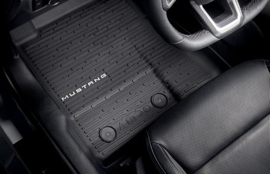 MUSTANG 2024-2027 FLOOR MATS, ALL-WEATHER, FLOOR LINER, BLACK, 4-PIECE SET, W/ACCENT COLOR LOGO
