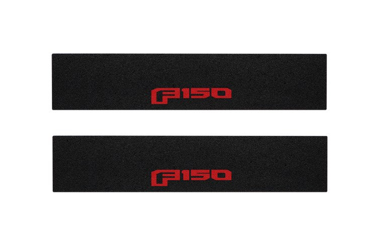 F-150 2021-2027 DOOR SILL PLATES BY TUFSKINZ - RED F-150 LETTERS ON TEXTURED BLACK PLATE, FOR REGULAR CAB AND SUPERCAB