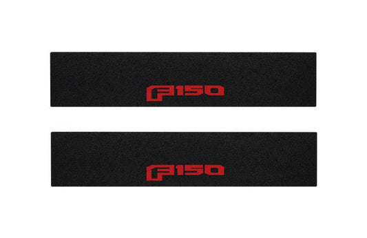 F-150 2021-2027 DOOR SILL PLATES BY TUFSKINZ - RED F-150 LETTERS ON TEXTURED BLACK PLATE, FOR REGULAR CAB AND SUPERCAB