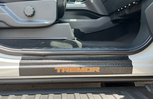 F-150 2021-2027 DOOR SILL KIT TREMOR LOGO BY TUFSKINZ ON BLACK TEXTURE
