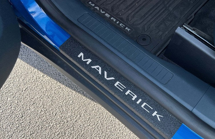 MAVERICK 2022-2027 DOOR SILL KIT BY TUFSKINZ (GRAY LETTERING ON BLACK TEXTURE) FOR FORD MAVERICK