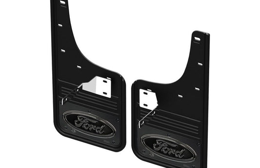 SUPER DUTY 2023-2027 SPLASH GUARDS - GATORBACK BY TRUCK HARDWARE, FRONT PAIR, GUNMETAL FORD OVAL W/BLACK DECAL