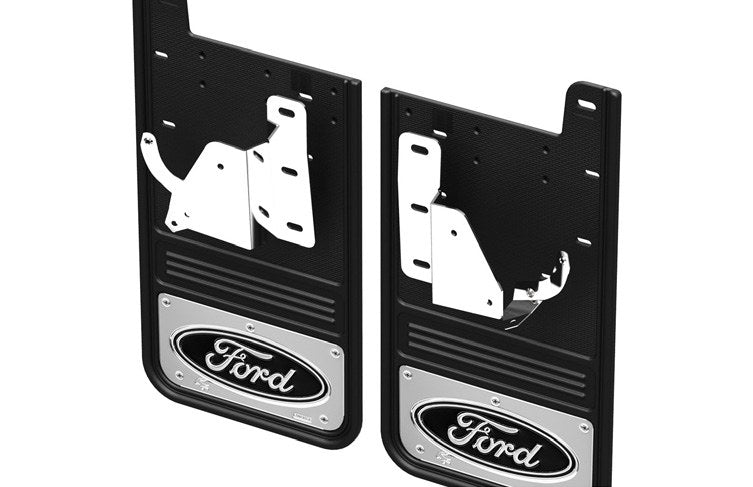 SUPER DUTY 2023-2027 SPLASH GUARDS - GATORBACK BY TRUCK HARDWARE, REAR PAIR, FORD OVAL STAINLESS