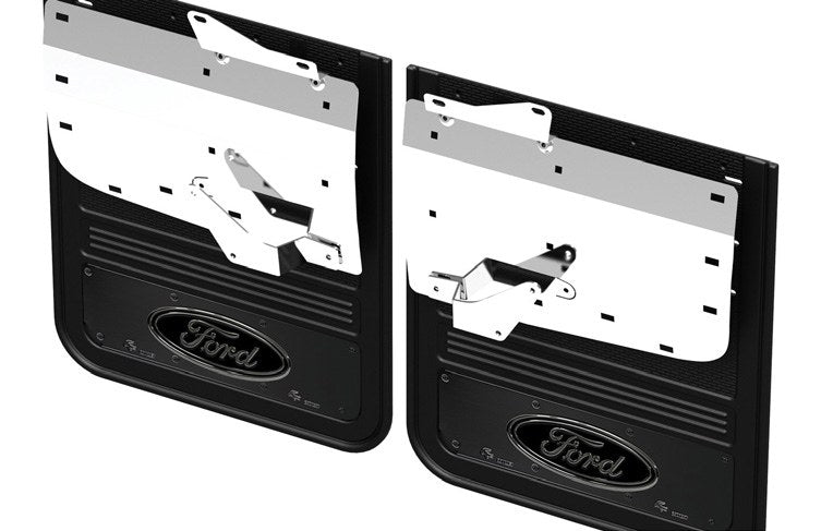 SUPER DUTY 2023-2027 SPLASH GUARDS - GATORBACK BY TRUCK HARDWARE, REAR PAIR, DRW W/BLACK FORD OVAL AND GUNMETAL SURROUND