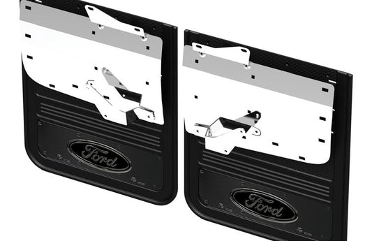 SUPER DUTY 2023-2027 SPLASH GUARDS - GATORBACK BY TRUCK HARDWARE, REAR PAIR, DRW W/BLACK FORD OVAL AND GUNMETAL SURROUND