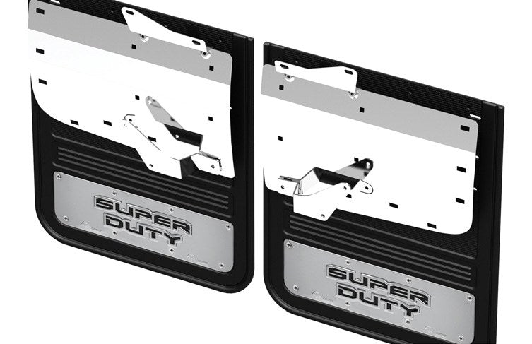 SUPER DUTY 2023-2027 SPLASH GUARDS - GATORBACK BY TRUCK HARDWARE, REAR PAIR, DRW W/SUPER DUTY DIE-STAMPED STAINLESS INSE