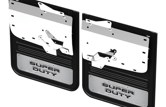 SUPER DUTY 2023-2027 SPLASH GUARDS - GATORBACK BY TRUCK HARDWARE, REAR PAIR, DRW W/SUPER DUTY DIE-STAMPED STAINLESS INSE