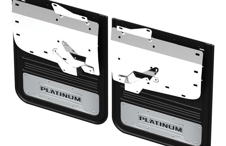 SUPER DUTY 2023-2027 SPLASH GUARDS - GATORBACK BY TRUCK HARDWARE, REAR PAIR, DRW W/PLATINUM DIE-STAMPED STAINLESS INSERT