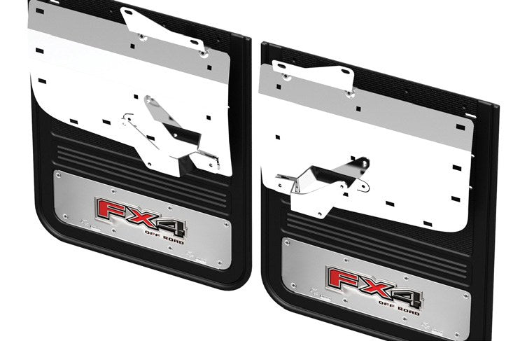 SUPER DUTY 2023-2027 SPLASH GUARDS - GATORBACK BY TRUCK HARDWARE, REAR PAIR, DRW W/FX4 DIE-STAMPED STAINLESS INSERT