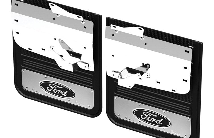 SUPER DUTY 2023-2027 SPLASH GUARDS - GATORBACK BY TRUCK HARDWARE, REAR PAIR, DRW W/BLACK FORD OVAL AND STAINLESS SURROUN