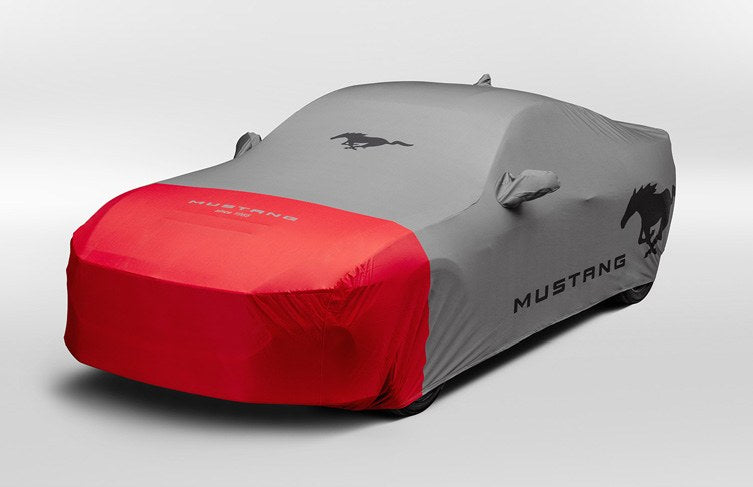MUSTANG 2024-2027 FULL VEHICLE COVER - INDOOR COVER FOR GT COUPE, LOW SPOILER, GRAY WITH RED FRONT, RETRO GRILLE BY COVE