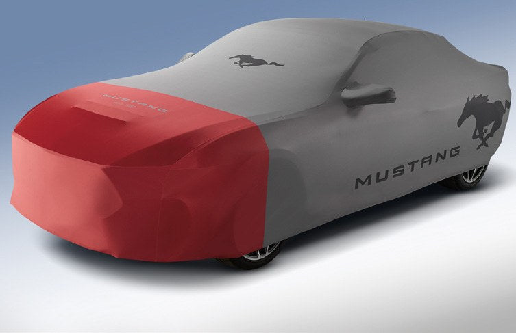 MUSTANG 2024-2027 FULL VEHICLE COVER - INDOOR COVER FOR GT CONVERTIBLE WITH PERFORMANCE PACK, LOW SPOILER, GRAY WITH RED