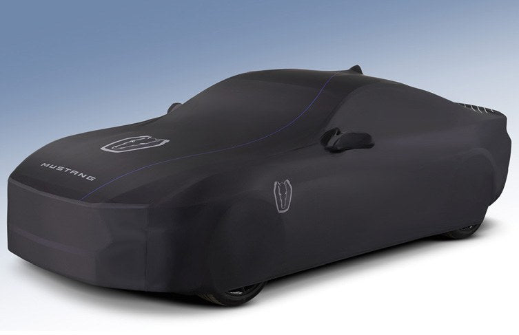MUSTANG 2024-2027 FULL VEHICLE COVER - INDOOR COVER FOR DARK HORSE, PEDESTAL/HIGH SPOILER, BLACK WITH STRIPES BY COVERKI
