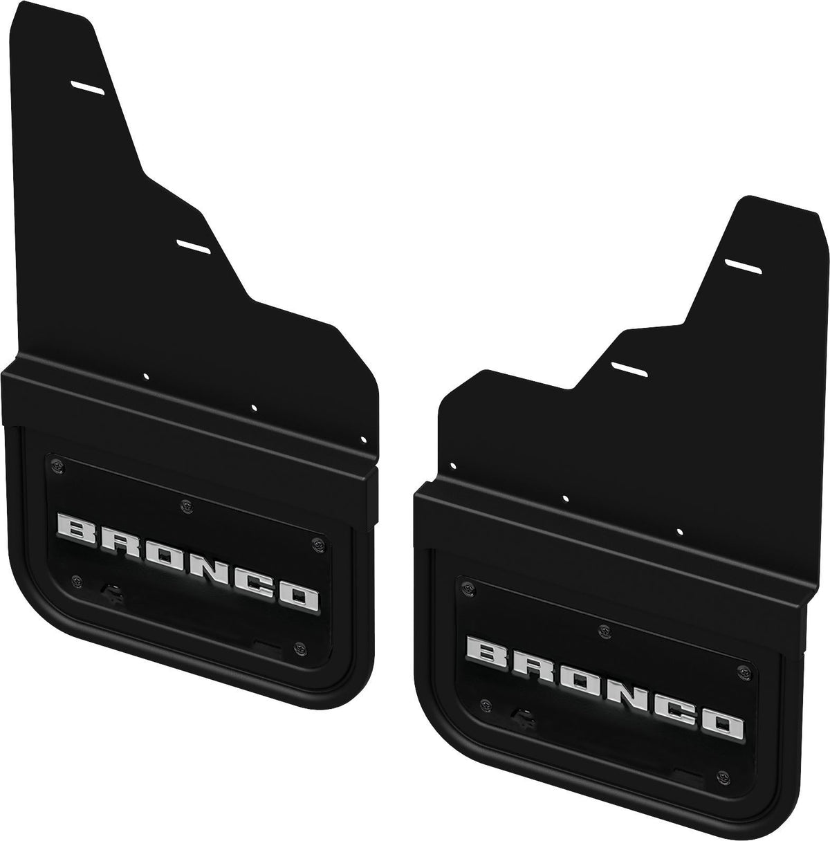 BRONCO 2021-2026 GATORBACK SPLASH GUARDS — FRONT PAIR, NO ROCK RAILS OR STEPS, BRONCO TEXT LOGO