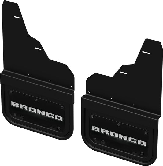 BRONCO 2021-2026 GATORBACK SPLASH GUARDS — FRONT PAIR, NO ROCK RAILS OR STEPS, BRONCO TEXT LOGO