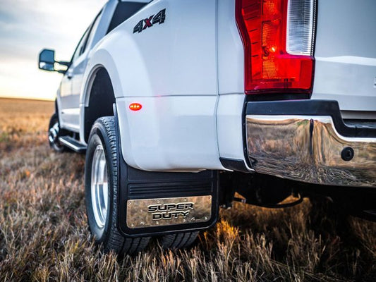 SUPER DUTY 2017-2022 GATORBACK SPLASH GUARDS — REAR PAIR, DUALLY, SUPER DUTY STAINLESS INSERT