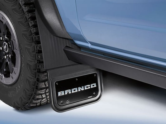 BRONCO 2021-2026 GATORBACK SPLASH GUARDS — FRONT PAIR FOR TRUCKS WITH ROCK RAILS, BRONCO TEXT LOGO